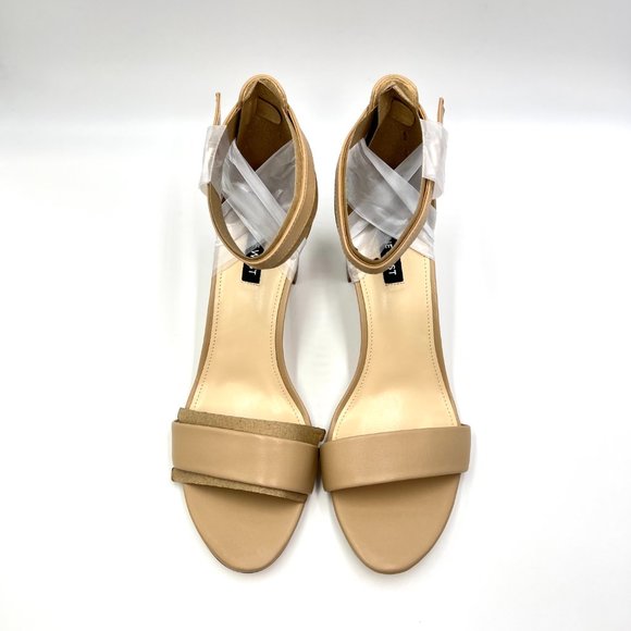 Nine West Womens Pruce Natural Nude Beige Tan Leather Block Heels Sandals Shoes - Picture 4 of 14